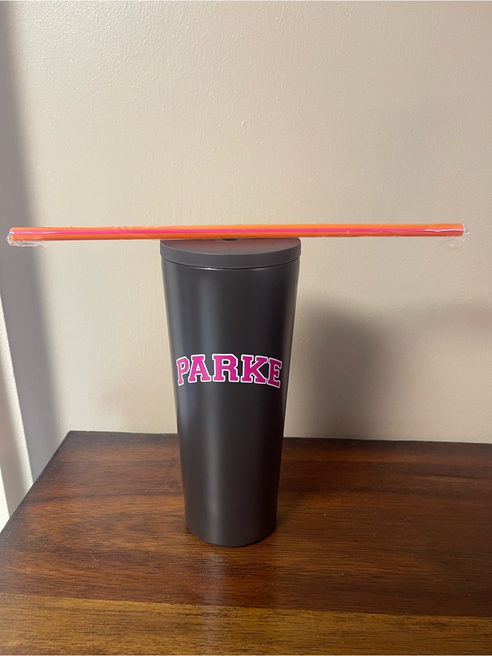 Parke x Dunkin Black Stainless Travel Tumbler with Pink Lettering